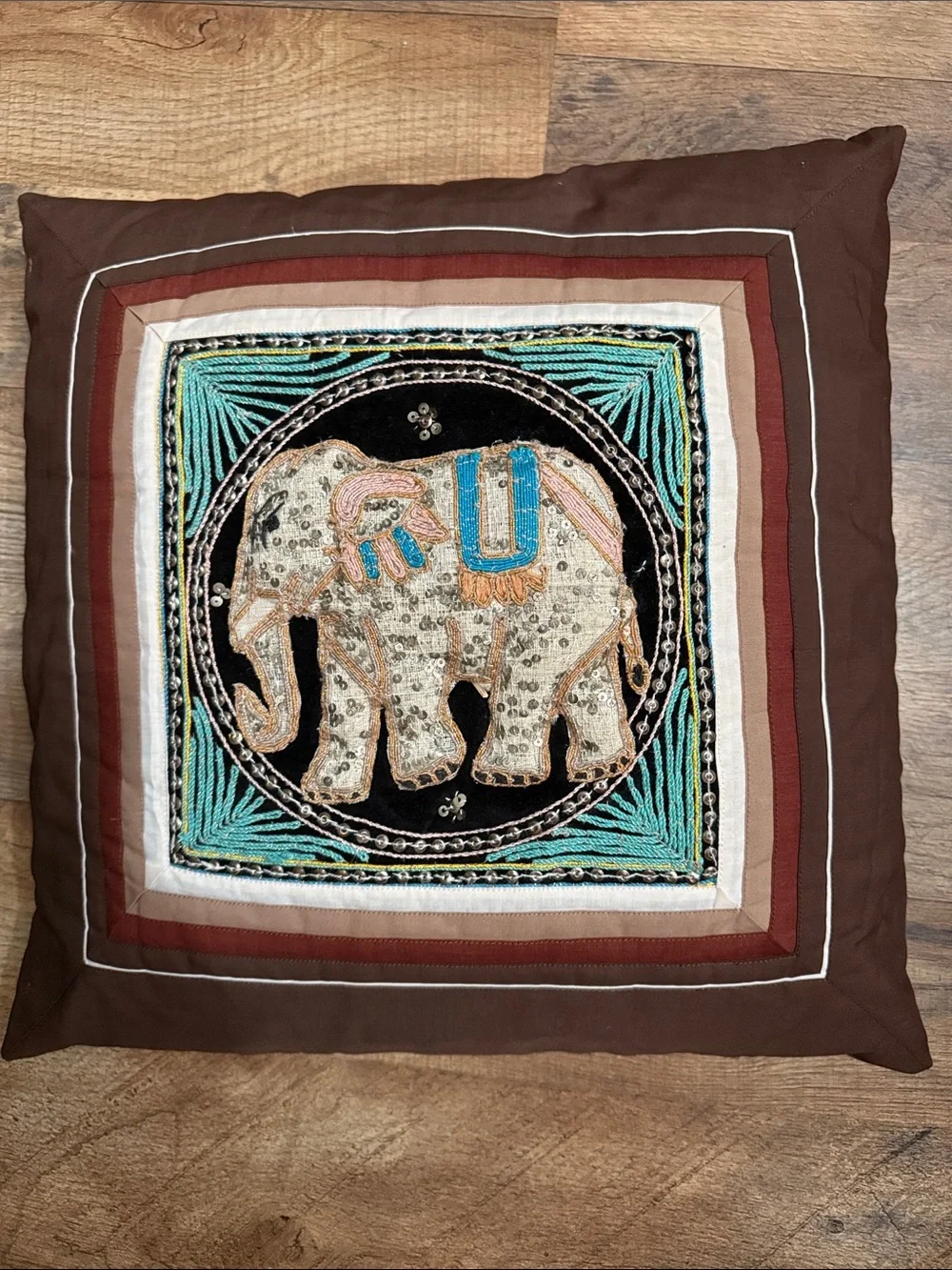 Artisan Embroidered Elephant Throw Pillow - Brown, Teal & Cream vintage silk